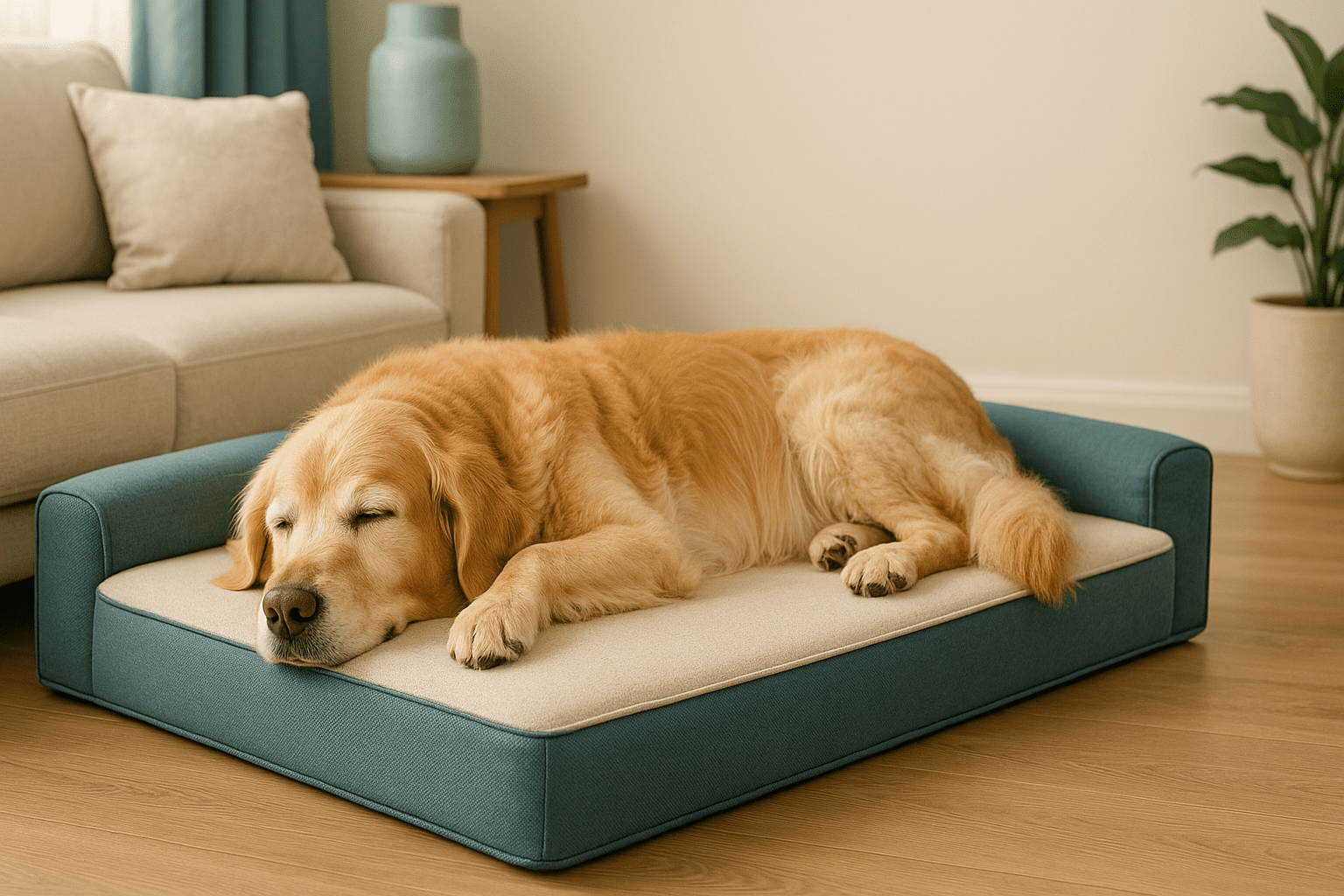 Older dog hesitating before stepping onto polished hardwood floor, traction anxiety in senior pets