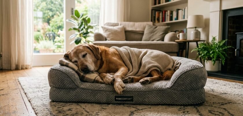 Senior dog resting comfortably on supportive orthopedic memory foam bed in living room