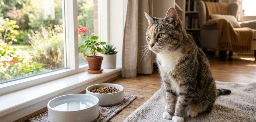 Senior cat resting calmly by water bowl representing early warning signs of feline chronic kidney disease