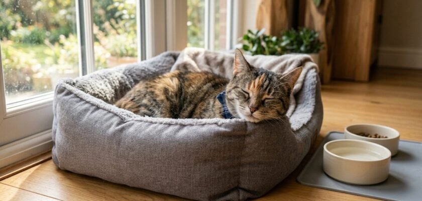 Senior cat resting comfortably in cozy bed representing feline chronic kidney disease life expectancy care