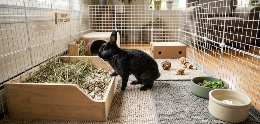 Senior Silver Marten rabbit stepping effortlessly into a low-entry litter box in a spacious single-level indoor exercise pen with padded rugs