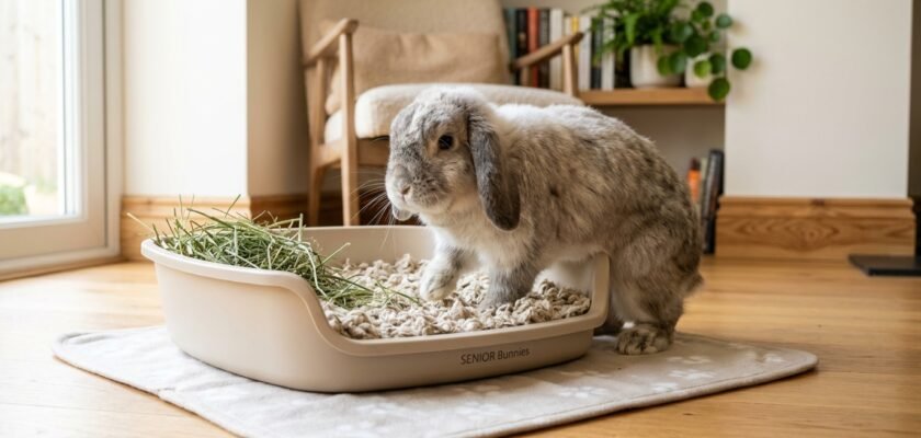 Senior lop-eared rabbit comfortably entering accessible low-entry litter box with soft bedding