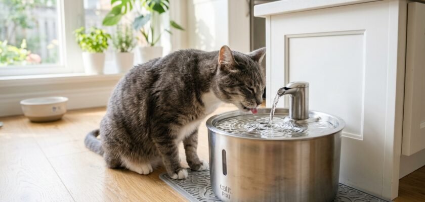 Senior cat drinking from stainless steel pet water fountain for feline kidney disease care