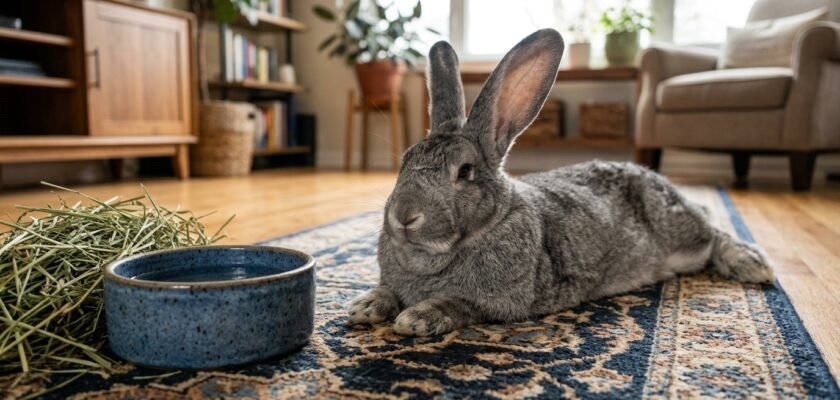 Large senior agouti Flemish Giant rabbit relaxing calmly on a non-slip living room runner rug beside fresh timothy hay
