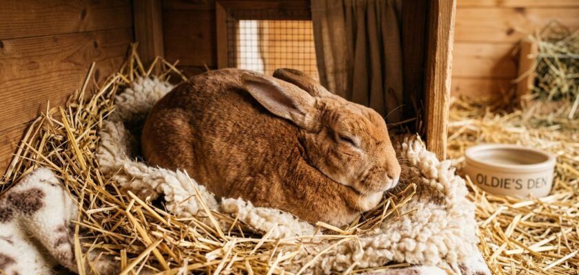 Cinnamon Rex senior rabbit snuggled warmly into clean golden straw bedding inside an insulated winter enclosure
