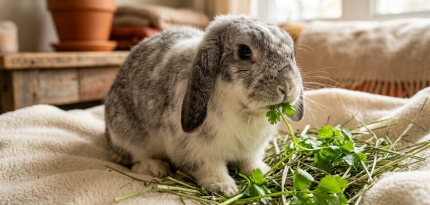 Elderly lop-eared senior rabbit eating fresh cilantro and timothy hay on a soft blanket