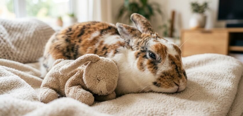 Senior harlequin spotted rabbit resting comfortably next to a soft plush stuffed companion toy on a cozy blanket