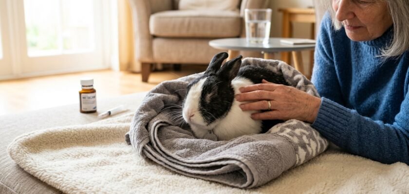 Senior black and white Dutch rabbit resting safely wrapped in a supportive towel nest with caregiver hand nearby
