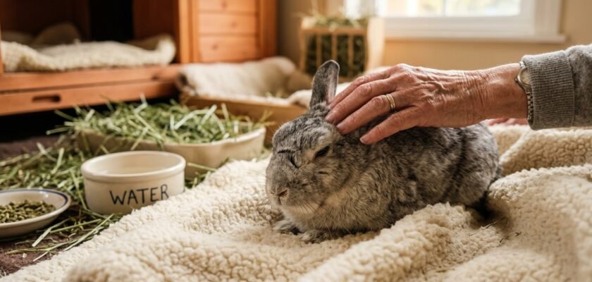 Elderly senior rabbit resting comfortably on a soft blanket with owner comforting hand, fresh timothy hay and clean water bowl nearby