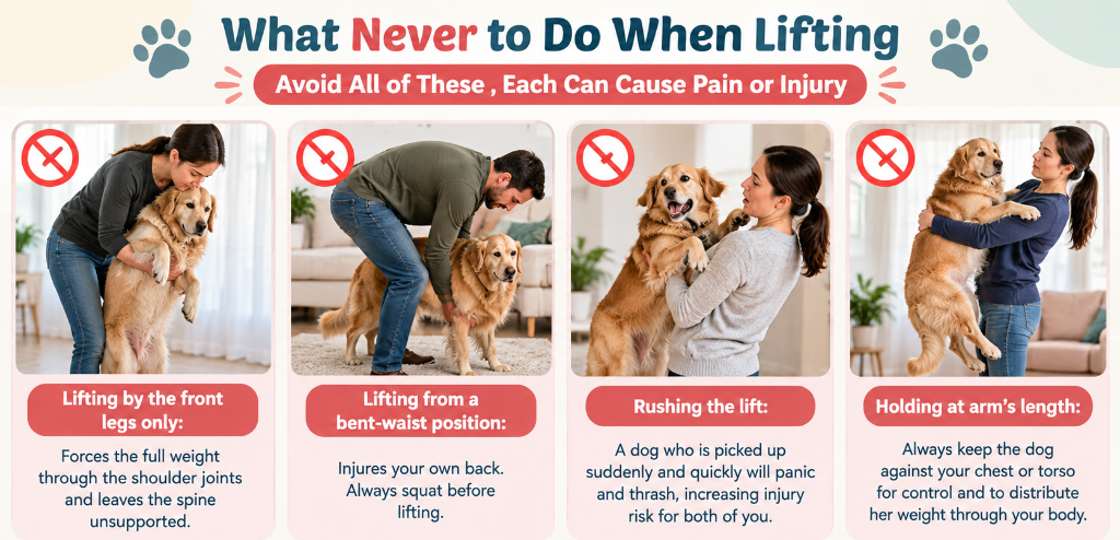 What never to do when lifting a senior dog: lifting by front legs only, lifting from bent waist position, rushing the lift, and holding at arm's length